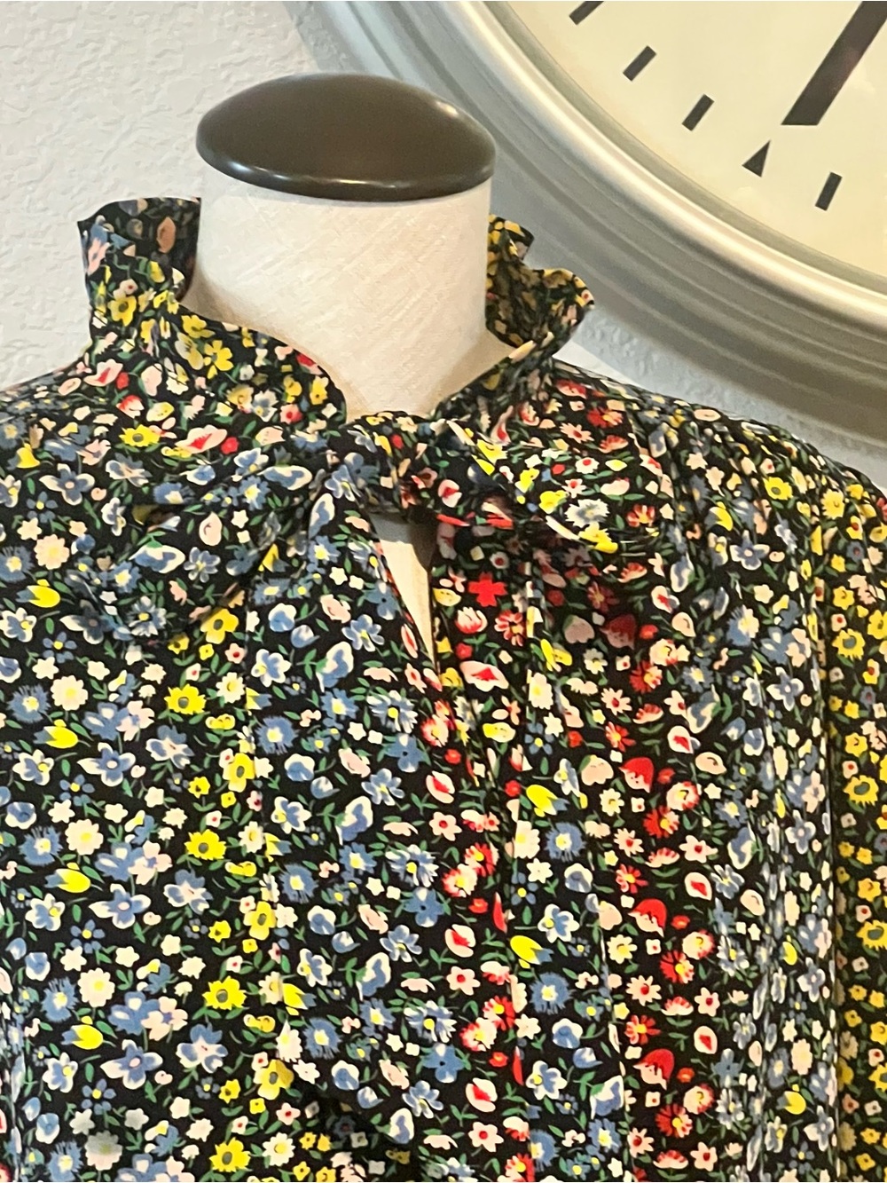 Vintage Black Floral Long Sleeve Tiered Dress with Bow Neck - Picture 2 of 4